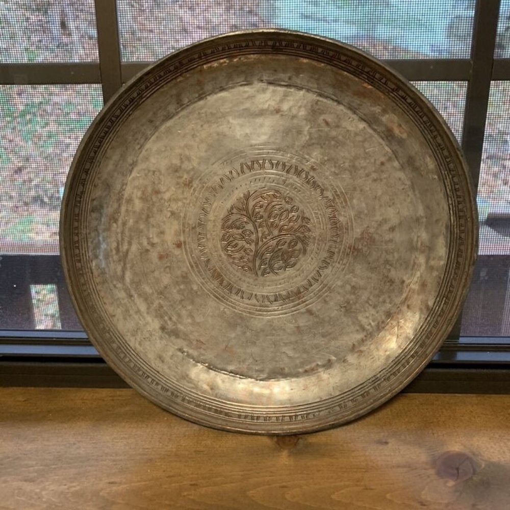 SILVER PLATE COPPER TRAY HAMMERED FABULOUS UNIQUE 10" STAMPED "C" ISLAMIC ?